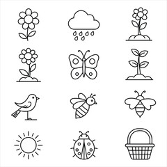 Twelve Black Line Icons Set Spring Nature Theme Flowers Plants Insects Sun Rain Bird Ladybug Bee Butterfly Basket Vector Icons for Business, Web, UI/UX, and Design Projects