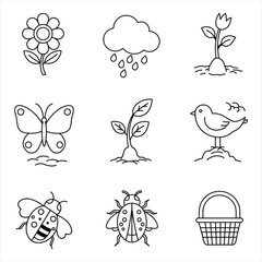 Nine Black Line Drawings of Spring Nature Icons Flower Cloud Rain Plant Tulip Butterfly Bird Ladybug Basket Vector Icons for Business, Web, UI/UX, and Design Projects