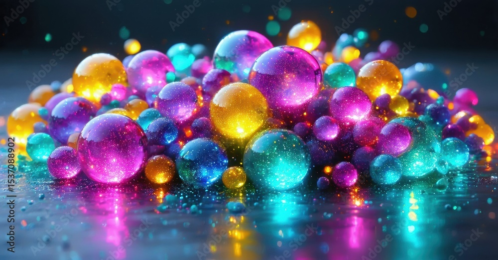 Poster colorful spheres illuminate dark surface. vibrant reflections create dazzling, magical effect. brigh