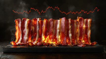 A visually creative bar chart made from vertical strips of grilled bacon, each slice crisped to perfection and rising in height to represent data points. 