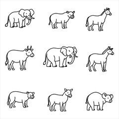 Nine Simple Line Drawings of African Animals Elephant Zebra Pig Cow Hippopotamus vector Vector Icons for Business, Web, UI/UX, and Design Projects