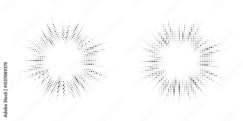 Aufkleber Halftone circle frame background set. Round border Icon using halftone random circle. Grunge circular stain. Vector illustration.