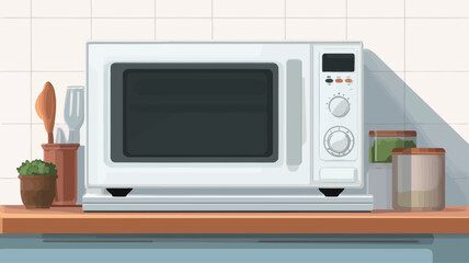 Fototapeta premium A digitally created illustration depicting a white microwave oven positioned centrally on a light brown kitchen countertop against a white tiled backsplash. To the left are a small potted