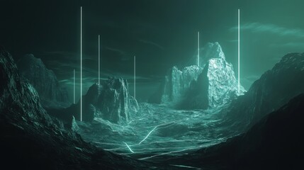 Alien Landscape Illuminated by Ethereal Green Beams