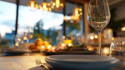 Family dines in minimalist space while robotic assistant loads dishwasher, warm scene with Caucasian adults, pendant lights, and elegant tableware