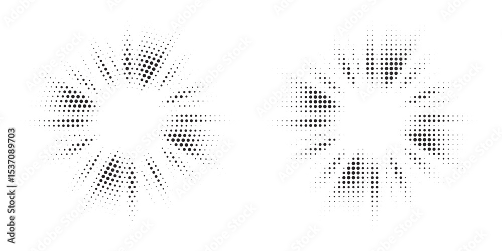 Poster Halftone circle frame background set. Round border Icon using halftone random circle. Grunge circular stain. Vector illustration.