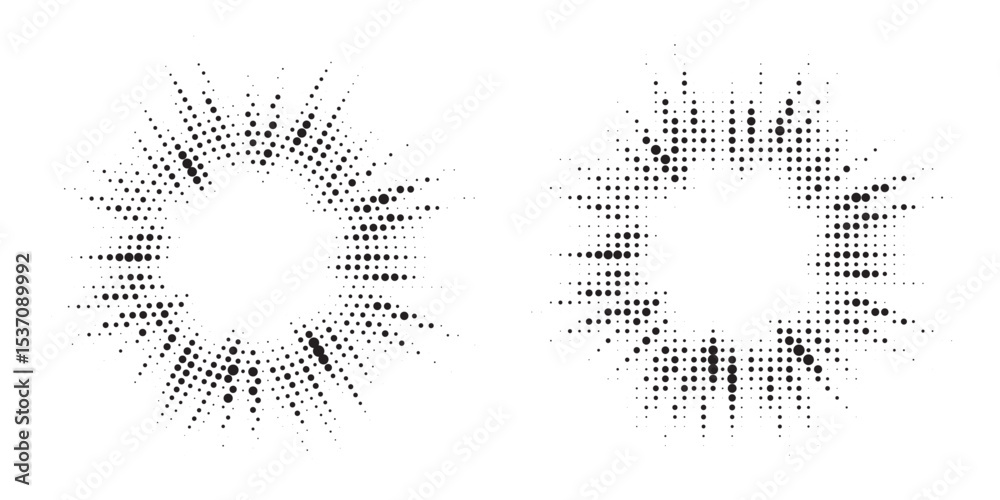 Aufkleber Halftone circle frame background set. Round border Icon using halftone random circle. Grunge circular stain. Vector illustration.