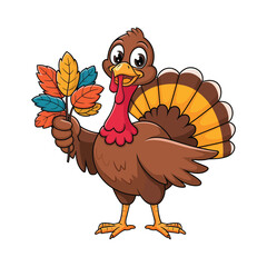 A cheerful cartoon turkey standing upright, holding a cluster of colorful autumn leaves in one wing.