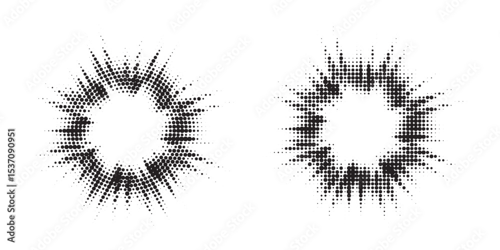 Aufkleber Halftone circle frame background set. Round border Icon using halftone random circle. Grunge circular stain. Vector illustration.