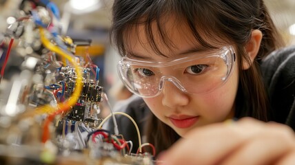 Young girl soldering robot components with humanoid assistant in a high-tech makerspace environment