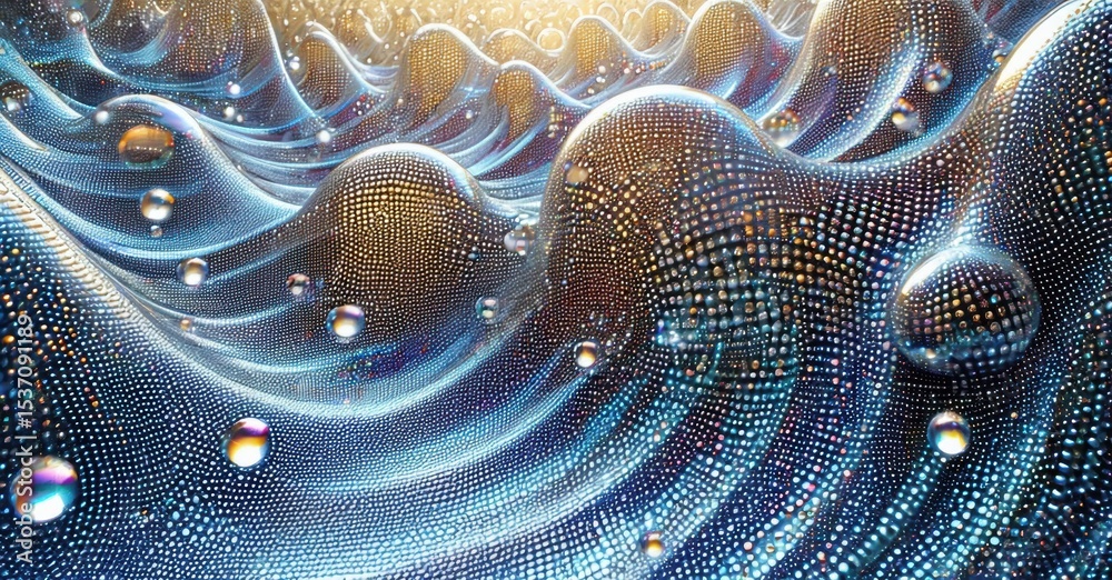 Aufkleber Abstract fractal waves, glowing dots, liquid spheres create mesmerizing digital art. Complex patterns, vibrant colors, futuristic design.