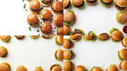 Four panels of small hamburgers arranged in circular patterns on a white background.  Each pattern is a different variation on the same theme