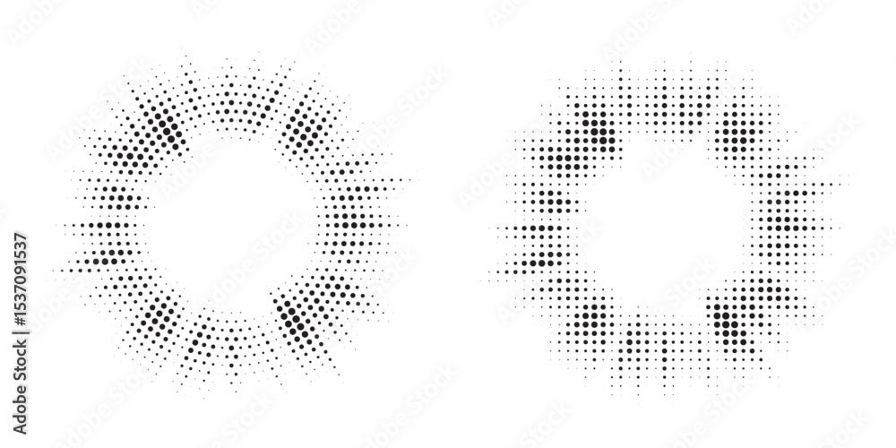 Poster Halftone circle frame background set. Round border Icon using halftone random circle. Grunge circular stain. Vector illustration.