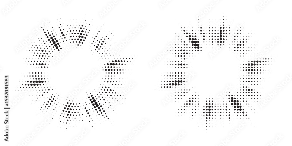 Poster Halftone circle frame background set. Round border Icon using halftone random circle. Grunge circular stain. Vector illustration.