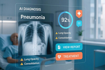 Pneumonia AI diagnosis, chest X ray medical technology, hospital patient healthcare, lung opacity consolidation, digital interface, modern clinical diagnostic, futuristic innovation health radiology
