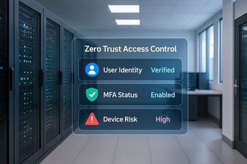 User identity verified, multi factor authentication enabled, and high device risk alert displayed in modern data center with secure server racks and bright lighting