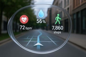 Heart rate 72 bpm, hydration 56 percent, and 7,860 steps are displayed on transparent digital interface over city street, representing health tracking and navigation technology
