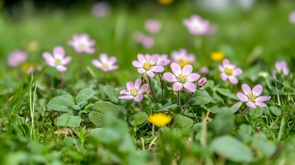 Fototapeta premium Delicate Pink Wildflowers Blooming in Lush Green Meadow