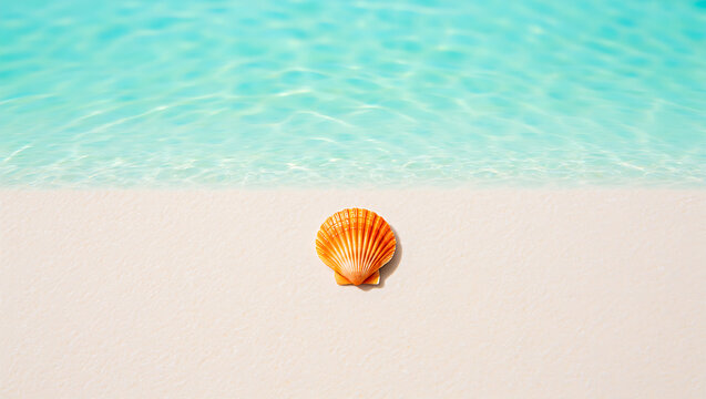 A vibrant orange seashell resting on a sandy beach with tranquil turquoise water