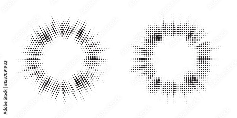 Poster Halftone circle frame background set. Round border Icon using halftone random circle. Grunge circular stain. Vector illustration.