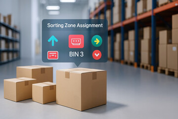 Cardboard box, warehouse logistics, storage shipping, packaging inventory, distribution delivery, supply chain are shown modern warehouse with digital sorting zone assignment display conveying.