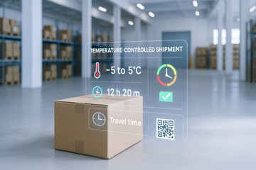 Temperature controlled shipment, cardboard box, warehouse logistics, storage cold chain packaging, delivery supply chain, distribution, Cardboard box warehouse with temperature controlled shipment.
