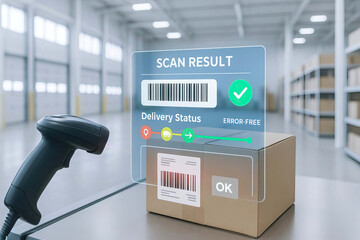 Barcode scanner, warehouse package, delivery logistics, shipping storage, technology inventory, management efficiency, automation supply chain, box digital tracking fulfillment modern business.
