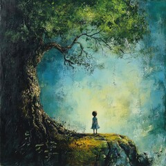 Obraz premium A young girl stands beneath a large, ancient tree on a misty, wooded cliff