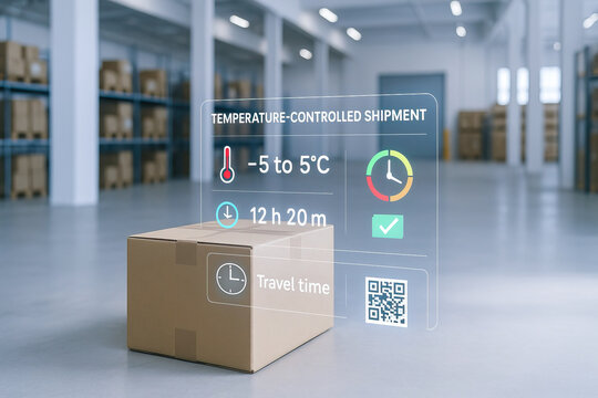 Fototapeta Temperature controlled shipment, cardboard box, warehouse logistics, storage cold chain packaging, delivery supply chain, distribution, Cardboard box warehouse with temperature controlled shipment.