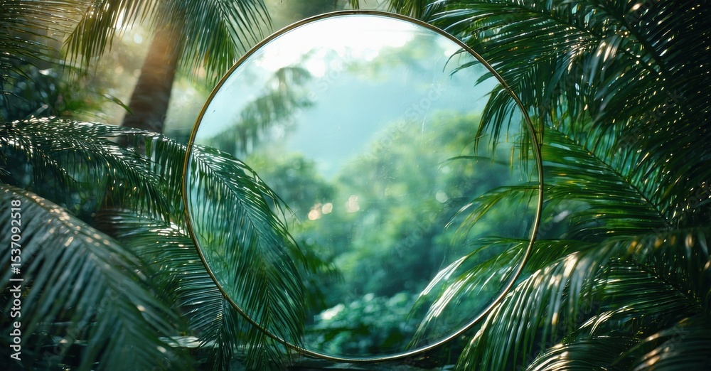 Poster lush tropical foliage surrounds circular mirror. sunlight filters through dense greenery, creating s
