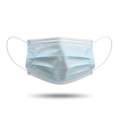 Medical face mask in light blue color, featuring pleats and ear loops, displayed against a clean white background, symbolizing health and safety in modern times