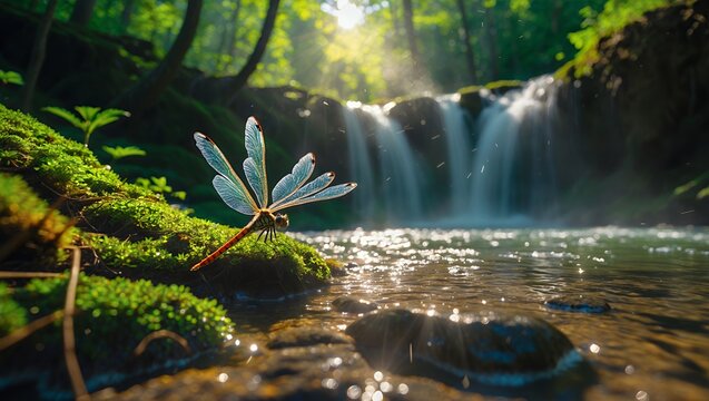 Dragonfly resting near flowing waterfall in lush green forest setting