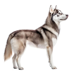 Fototapeta premium Siberian Husky in Profile: A majestic Siberian Husky stands in profile, showcasing its striking features, piercing gaze, and iconic fur. The image captures the dog's strength, elegance.
