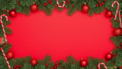 Christmas border frame of fir branches, candy canes and ornaments on red background