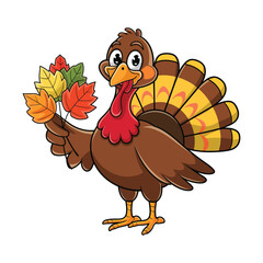 A cheerful cartoon turkey standing upright, holding a cluster of colorful autumn leaves in one wing.