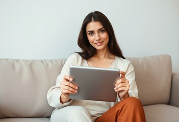 Woman sitting on a sofa holding a modern digital tablet