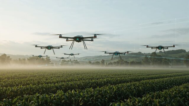 Agricultural drones surveying a cornfield.