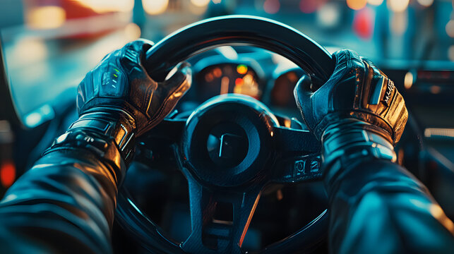 Race car driver steering interior view, focus on hands and wheel