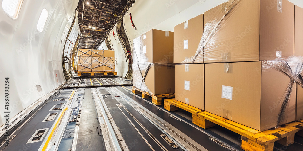 Poster cargo pallets stacked with boxes ready for air transport generative ai