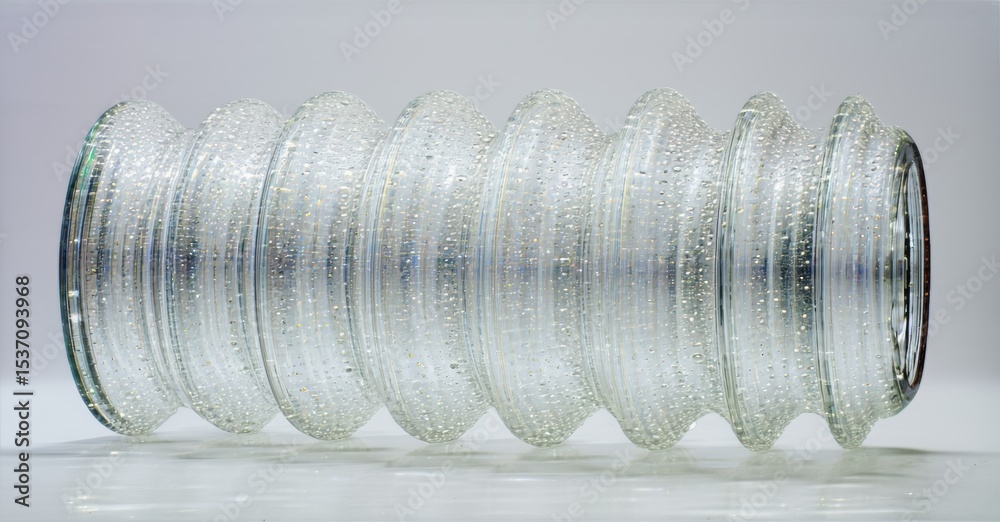 Poster clear glass sculpture. segmented cylindrical form, bubbles inside. light reflects, creating texture,