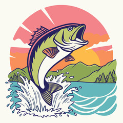 Colorful Bass Fishing Vector Set – Jumping Fish with Lake & Mountain Backgrounds