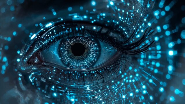 Close-up of an eye with digital network patterns.