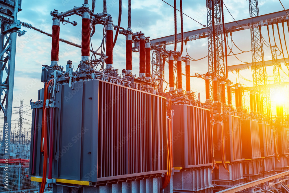Poster Electrical transformer array at sunset near power station Generative AI