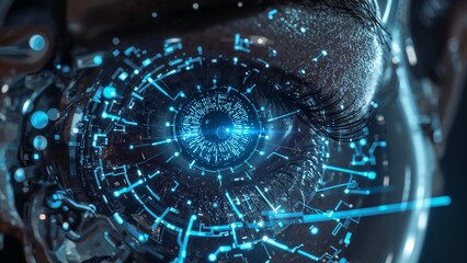 Digital eye with intricate circuit design.