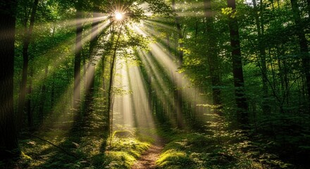 Obraz premium Sunlight Streaming Through a Dense Forest Canopy | Serene Woodland Scene for Environmental and Spiritual Concepts