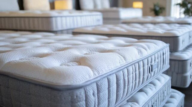 Stacked mattresses in a store