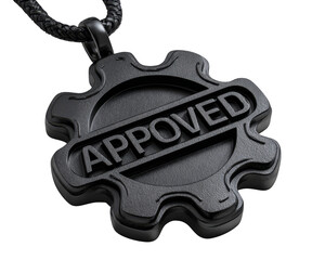 Sleek Black Gear Pendant Necklace Approved Stamp Design Detailed Jewelry Fashion Accessory, silhouette, transparent background