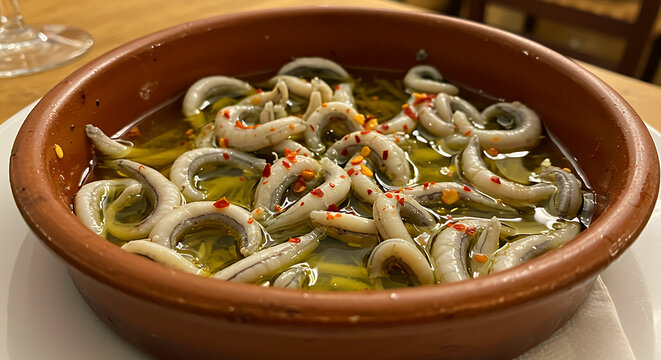 Spanish angulas. baby eels in garlic-olive oil sauce, chili flakes 