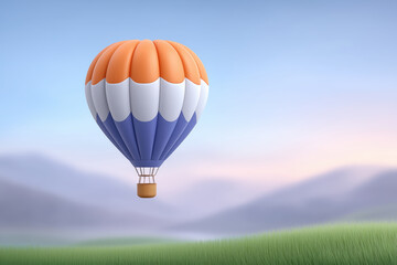 Hot air balloon is floating in the sky above a green field. The balloon is orange and blue
