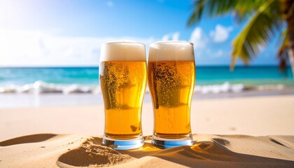砂浜と溢れ出す冷えた生ビールが二杯　Generated by AI